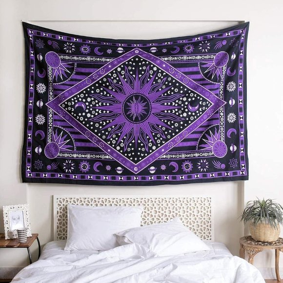 Twin Size Star Sun Purple Boho Style Wall Bed Decor Cotton Tapestry NEW - Picture 1 of 5